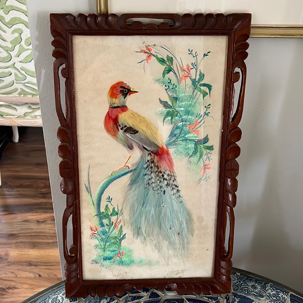 Colorful Feathered bird picture (3D with feathers). 18x11”